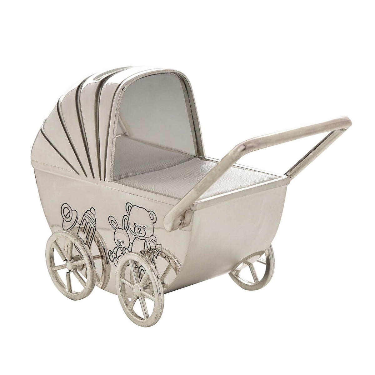 Silverplate Metal Pram Money Box with Moving Wheels - Silver