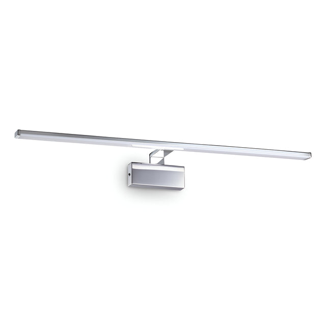 The Luminous LED Picture Light 18W 3000K - Chrome, measuring 81cm, showcases a minimalist wall-mounted design with a long, slender rectangular shape in a sleek chrome finish. It embodies a modern aesthetic and features a central boxy mount that connects seamlessly to the wall.