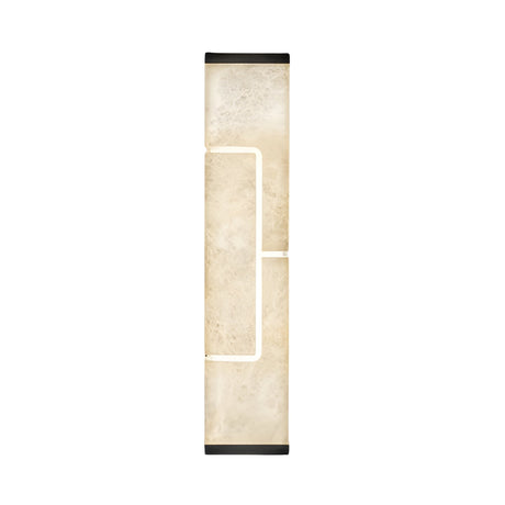 The Eryndor LED Alabaster Wall Light in matte black and soft white features a tall, rectangular design with a cream alabaster panel and slim black borders, bringing chic, modern style to your walls.