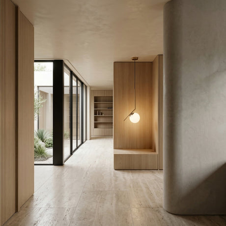 Minimalist interior with light wood and stone finishes, large windows facing a small garden, built-in shelving, a bench, and the Vetra Opal Glass Small Pendant Light - Gold. The space feels open and serene.