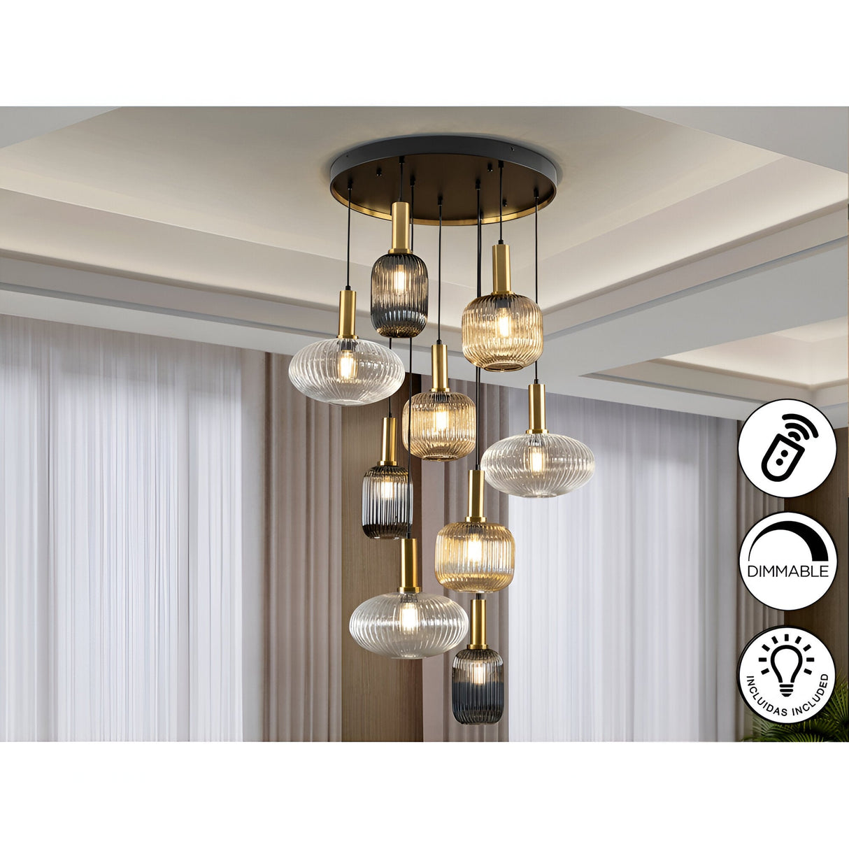 Norma 9 Light Glass Cluster Pendant - Multicoloured (With Remote Control)