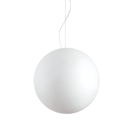 The Gleonis 1 Light Pendant - White, 50cm, features a smooth white spherical design suspended from a thin cord against a plain white backdrop. This modern pendant offers minimalistic and contemporary lighting that seamlessly integrates into any space.