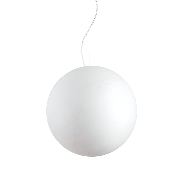 The Gleonis 1 Light Pendant - White, 50cm, features a smooth white spherical design suspended from a thin cord against a plain white backdrop. This modern pendant offers minimalistic and contemporary lighting that seamlessly integrates into any space.
