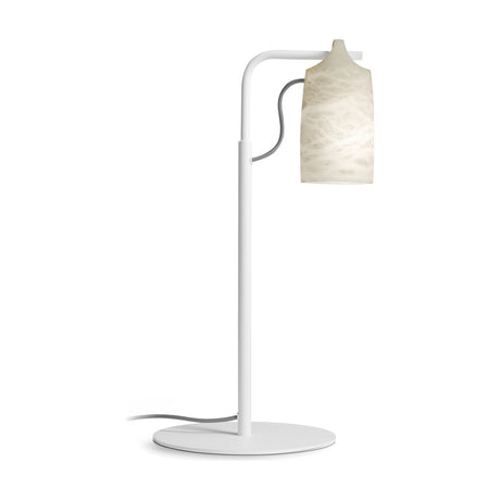 Paros Alabaster Table Lamp in white with a slim iron stem, round base, bent arm, and downward-facing alabaster shade with soft grey veining, on a white background.