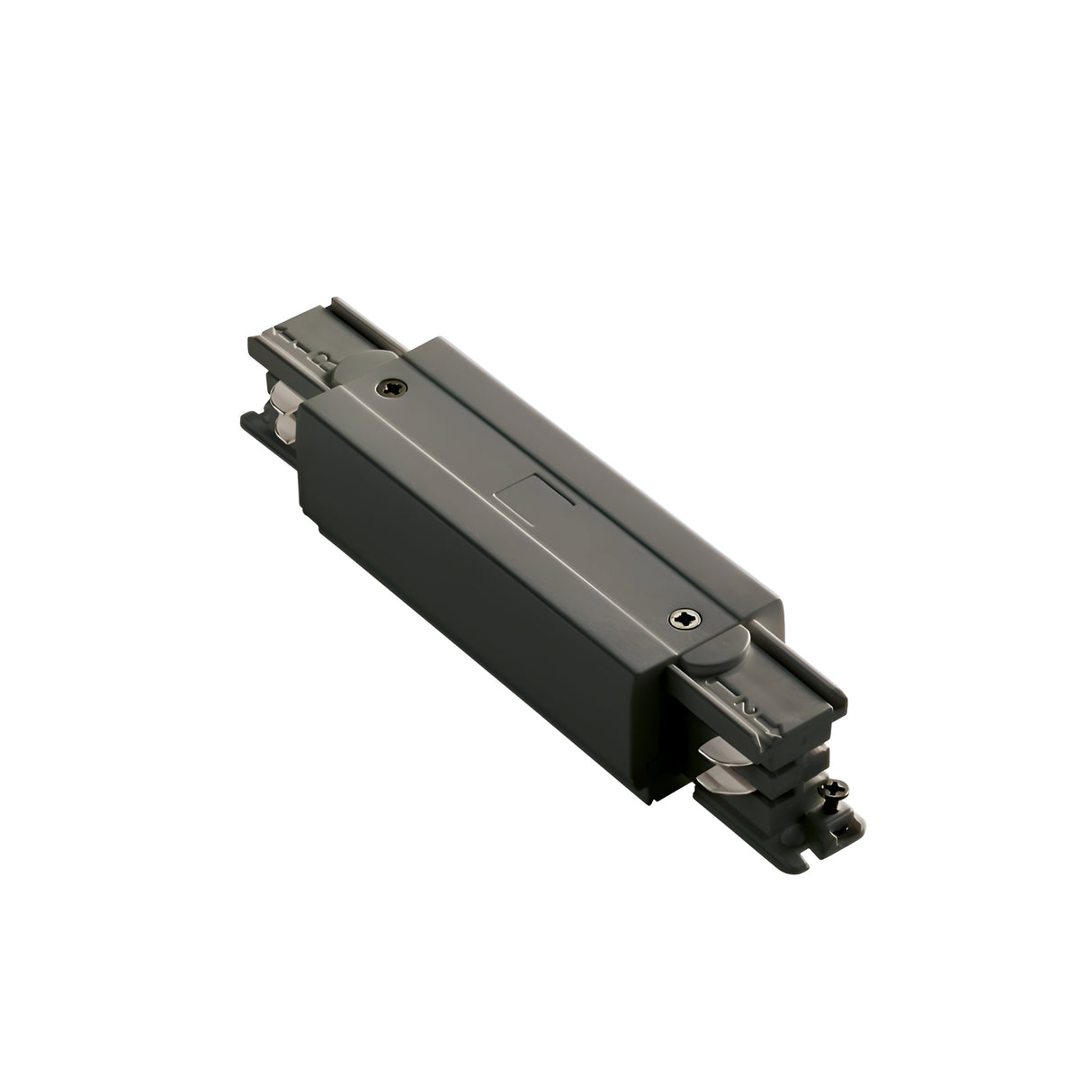 The Brillia Trimless Track Middle Power Input - On-Off in black features visible screws and metal components, expertly crafted for connecting sections of dependable 3-phase track lighting systems. It's presented against a plain white background.