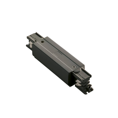 The Brillia Trimless Track Middle Power Input - On-Off in black features visible screws and metal components, expertly crafted for connecting sections of dependable 3-phase track lighting systems. It's presented against a plain white background.