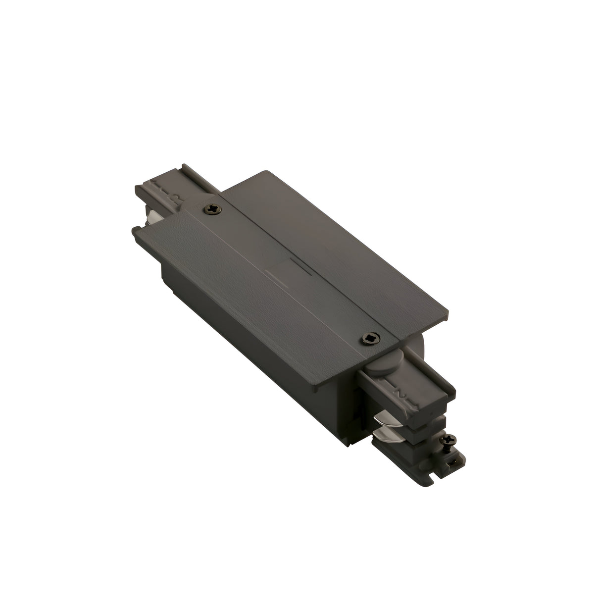 This black Brillia 3-Phase Trim Track Middle Power Input assembly showcases a modern design, characterized by a fitted socket on one end and a smooth top surface fastened with screws. With an industrial and minimalist look, its IP20 rating makes it perfect for technical or mechanical applications.