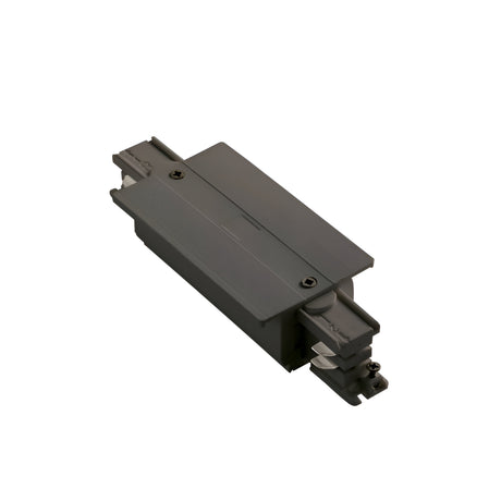 This black Brillia 3-Phase Trim Track Middle Power Input assembly showcases a modern design, characterized by a fitted socket on one end and a smooth top surface fastened with screws. With an industrial and minimalist look, its IP20 rating makes it perfect for technical or mechanical applications.