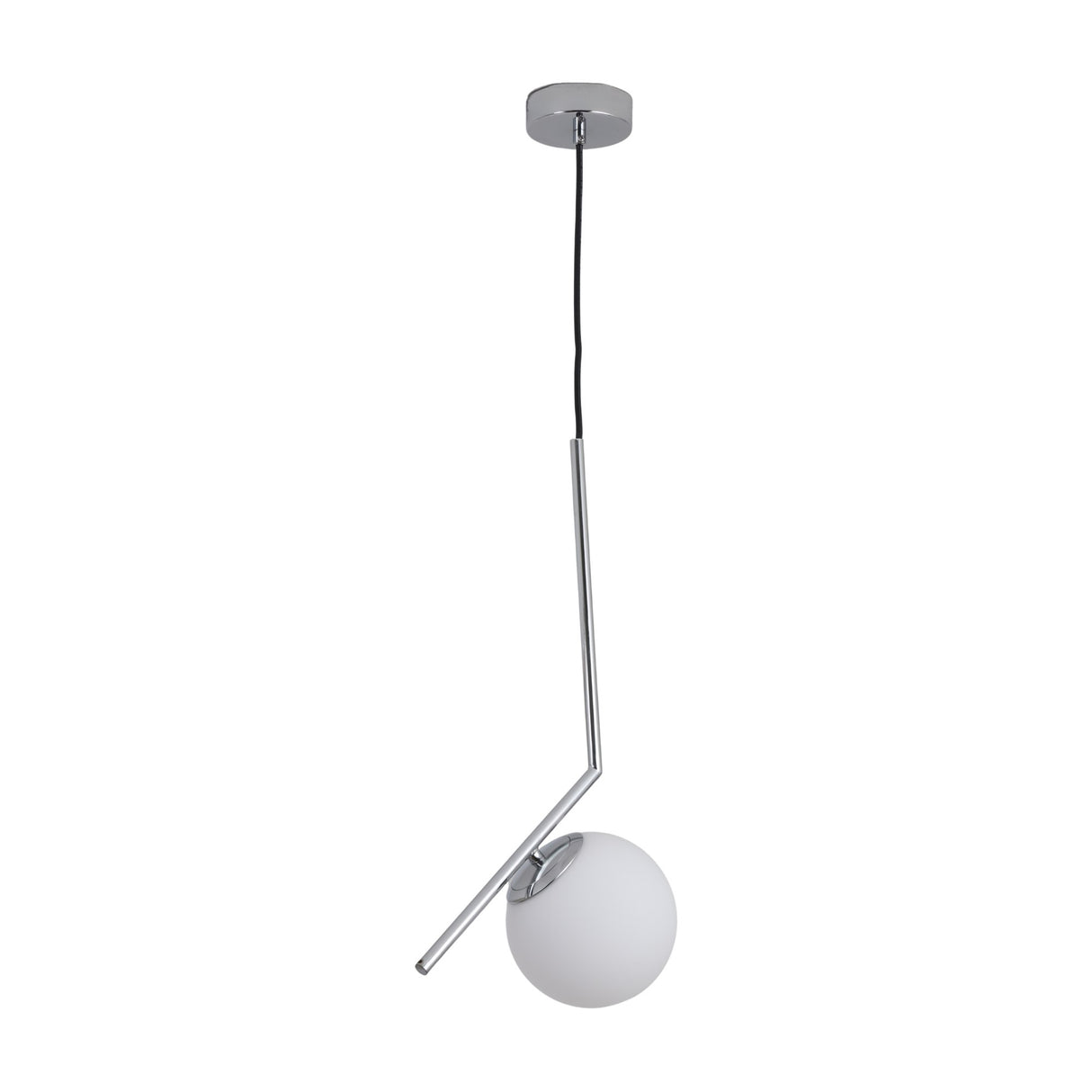 The Vetra Opal Glass Small Pendant Light - Grey features a round white globe shade, chrome angled rod, black cord, and circular ceiling mount—ideal for modern pendant lighting.