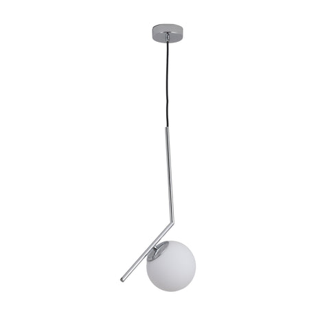The Vetra Opal Glass Small Pendant Light - Grey features a round white globe shade, chrome angled rod, black cord, and circular ceiling mount—ideal for modern pendant lighting.