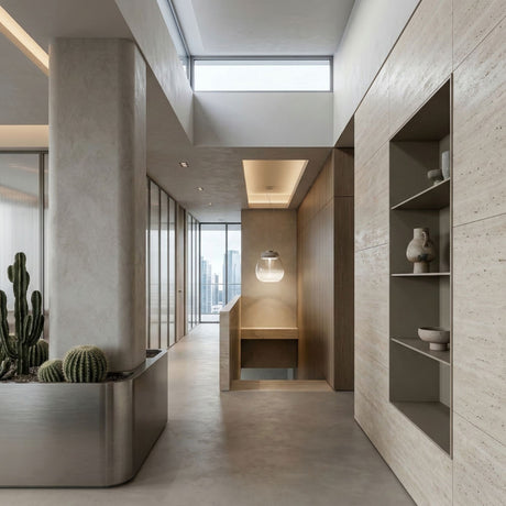 A modern, minimalist interior with neutral tones features large windows, built-in shelving with ceramics, a planter of cacti, and the Empatia LED Pendant Light—Clear. City buildings are visible through the windows in the background.