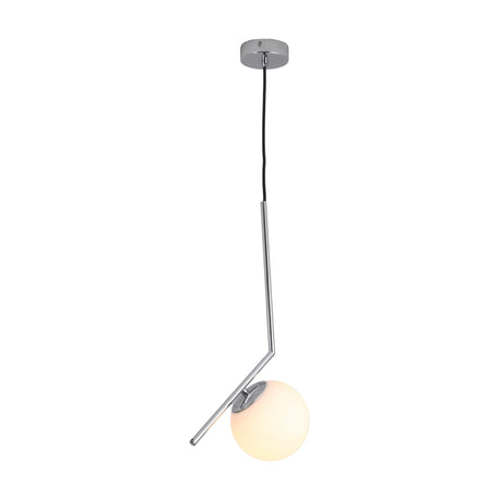 Modern globe pendant with chrome-finished angled rod, black cord, round ceiling mount, and frosted glass globe shade; the Vetra Opal Glass Small Pendant Light - Grey is ideal for minimalist lighting designs.