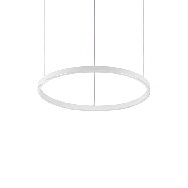 Introducing the Arcena Round LED Suspension Light - 3000K, a minimalist ceiling light with an energy-efficient LED design and a sleek 50cm white frame. It gracefully hangs from the ceiling with thin wires, adding a modern and elegant touch against a plain white backdrop.