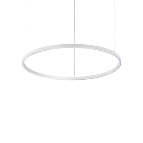 The Arcena Round LED Suspension Light - 3000K, White, 70cm features a modern minimalist design with a slim profile. This energy-efficient fixture hangs elegantly from the ceiling, showcasing its sleek appearance and circular form, suspended by thin wires.