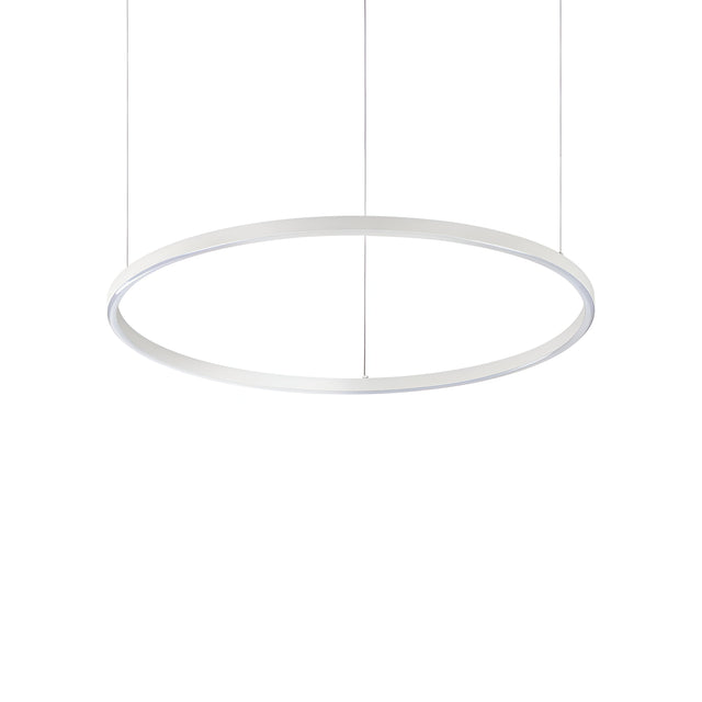 The Arcena Round LED Suspension Light - 3000K, White, 70cm features a modern minimalist design with a slim profile. This energy-efficient fixture hangs elegantly from the ceiling, showcasing its sleek appearance and circular form, suspended by thin wires.
