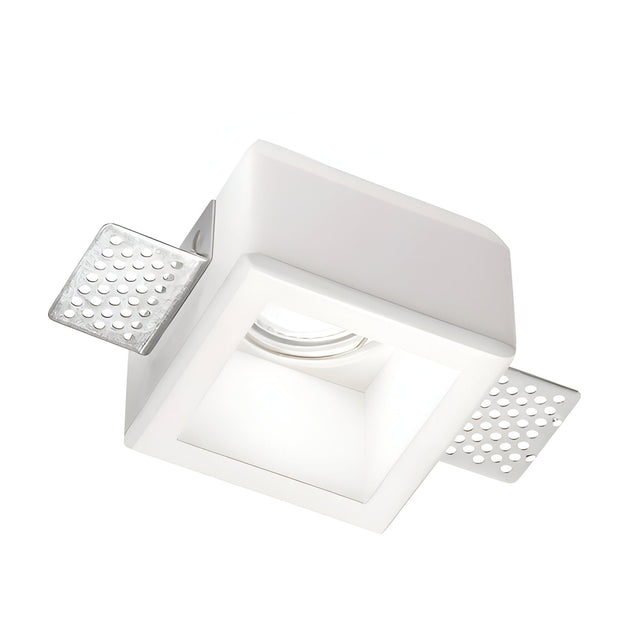 Introducing the Flairix-1 Square Recessed Downlight in white—a sleek and modern ceiling light featuring two perforated side panels. Crafted from premium gypsum material, this fixture embodies a clean and minimalist design, enhanced by its plain white background. With dimmable functionality, it allows you to effortlessly adjust the ambiance to your liking.