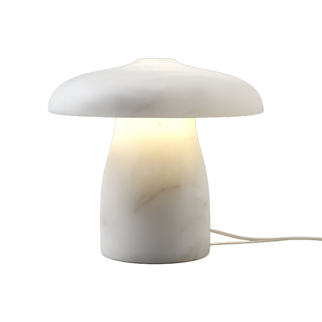 The Mirexa LED Small Mushroom Alabaster Table Lamp in Soft White is crafted from natural Spanish alabaster, emits a gentle glow, and features an electrical cord from the base. Shown on a plain white background.