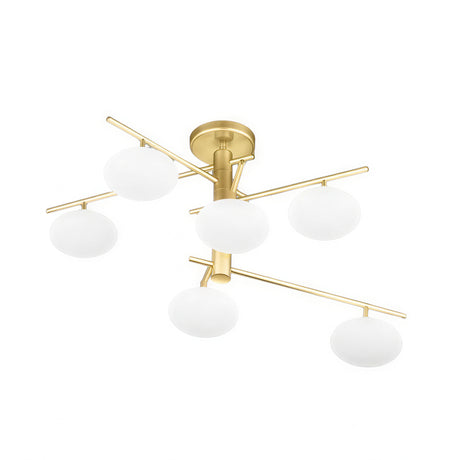 Dolce 6 Light Glass Ceiling Light with six round white glass shades on angled gold metal arms, flush ceiling fitting shown on a plain white background.