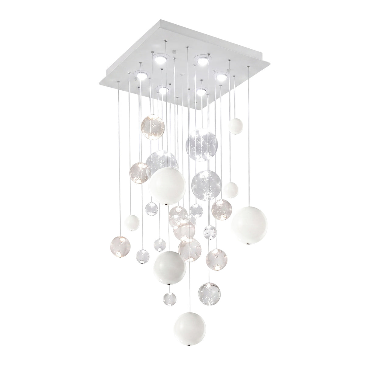 Bolero 6 Light Square Drop Bubble Chandelier with a white square ceiling plate and 36 clear and white glass globes in varied sizes cascading on visible cords, shown on a plain white background.