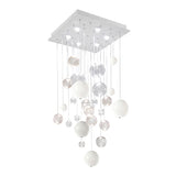 Bolero 6 Light Square Drop Bubble Chandelier with a white square ceiling plate and 36 clear and white glass globes in varied sizes cascading on visible cords, shown on a plain white background.