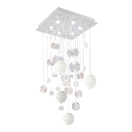 Bolero 6 Light Square Drop Bubble Chandelier with a white square ceiling plate and 36 clear and white glass globes in varied sizes cascading on visible cords, shown on a plain white background.