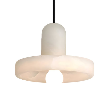 The Ophira 1 Light Large Disc Alabaster Single Pendant Light in Soft White features a smooth cylindrical top, a wide rounded shade, and hangs from a black cord for a minimalist, contemporary look.
