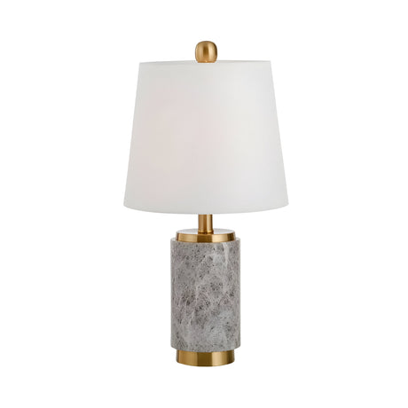 The Marivon 1 Light Marble Cylinder Table Lamp features a cylindrical grey marble base, brass accents, and a white fabric shade, shown against a plain white background.