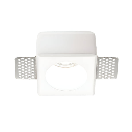 The Flairix-1 Round Recessed Downlight - White boasts a sleek and modern design with white gypsum material and a central circular opening for the bulb. It features two perforated metal wings for easy mounting and is dimmable, providing versatile lighting options.