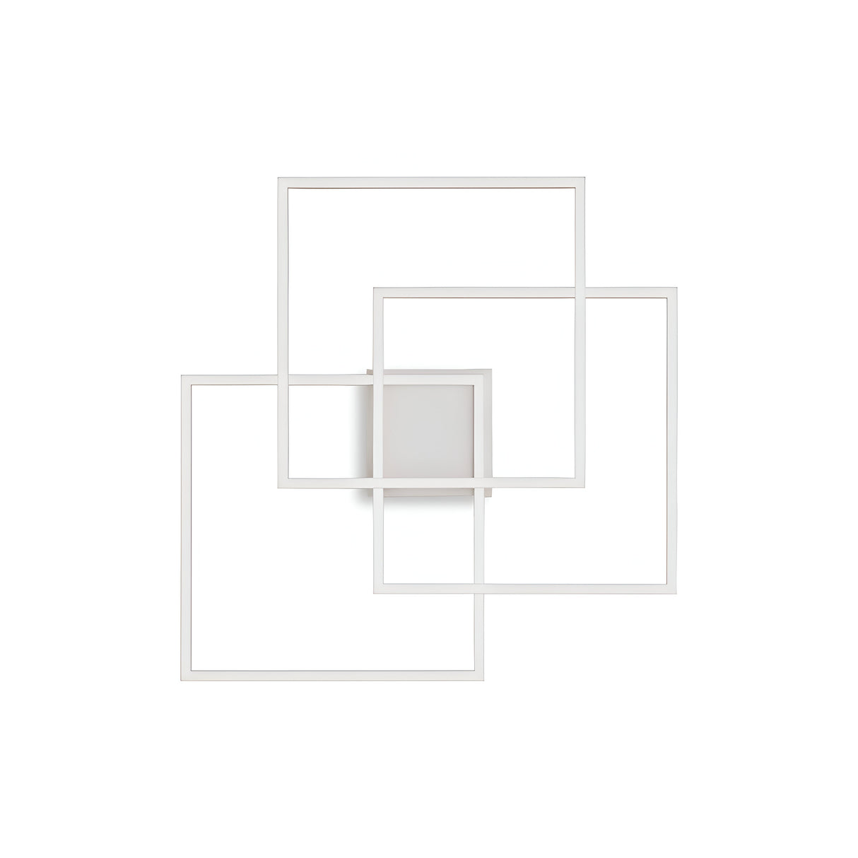 Prios LED Ceiling Light 35W 3000K in white illuminates abstract wall art featuring three overlapping white square frames, creating a dynamic and offset pattern against a plain white background that emphasizes their geometric allure.