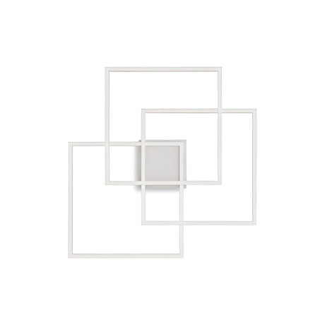 Prios LED Ceiling Light 35W 3000K in white illuminates abstract wall art featuring three overlapping white square frames, creating a dynamic and offset pattern against a plain white background that emphasizes their geometric allure.