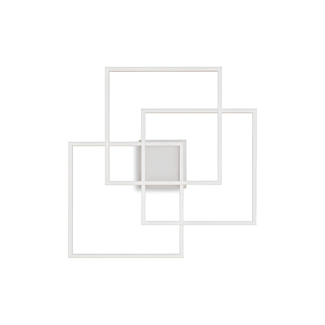 Prios LED Ceiling Light 35W 3000K in white illuminates abstract wall art featuring three overlapping white square frames, creating a dynamic and offset pattern against a plain white background that emphasizes their geometric allure.