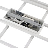 A detailed view of the wiring and electrical component housing of the Prios LED Ceiling Light 31W 3000K - White from IKEA. The metal and plastic components are neatly arranged inside a rectangular box, revealing wires and circuit details. This setup is encased in a grid structure, enhanced by opal-colored diffusers for a minimalist design.