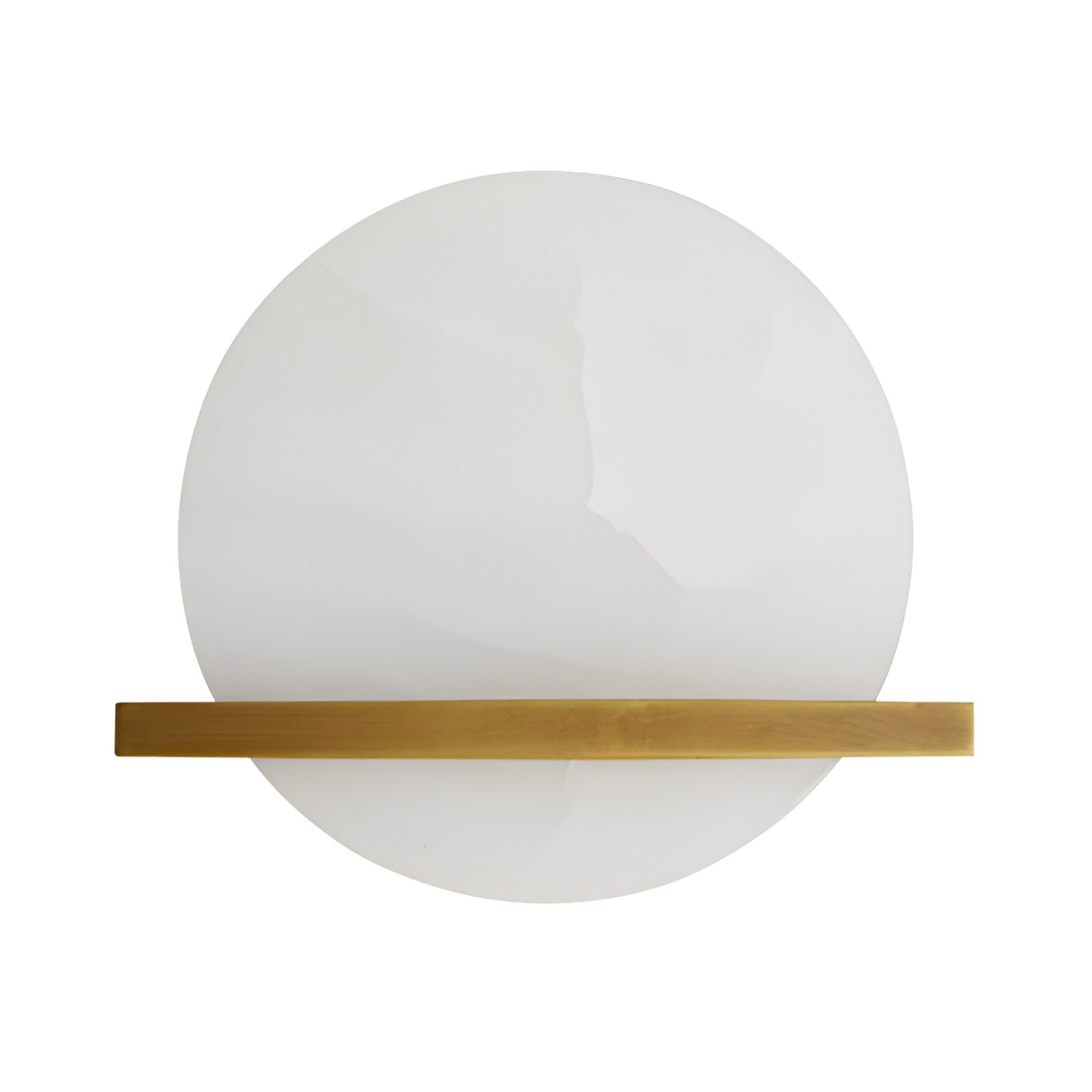 The Caldris LED Circular Alabaster Wall Light – Brushed Brass & Soft White combines a large white circular shade and a horizontal brushed brass bar, making it the ideal modern lighting choice for any stylish interior.