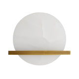 The Caldris LED Circular Alabaster Wall Light – Brushed Brass & Soft White combines a large white circular shade and a horizontal brushed brass bar, making it the ideal modern lighting choice for any stylish interior.