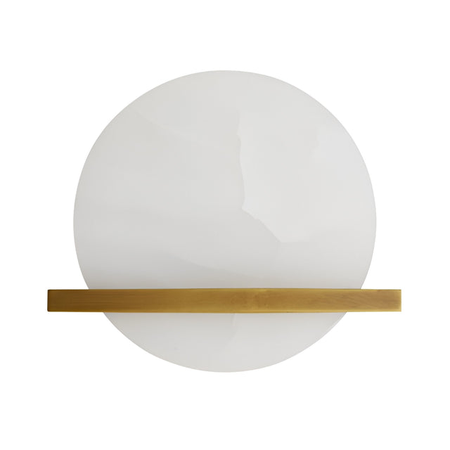 The Caldris LED Circular Alabaster Wall Light – Brushed Brass & Soft White combines a large white circular shade and a horizontal brushed brass bar, making it the ideal modern lighting choice for any stylish interior.