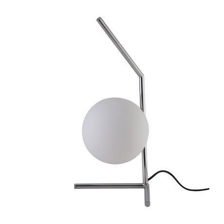 The Vetra 1 Light Opal Glass Table Lamp in grey features a spherical opal glass shade and angular chrome frame, complete with a black power cord—ideal for adding modern style to any bedroom.