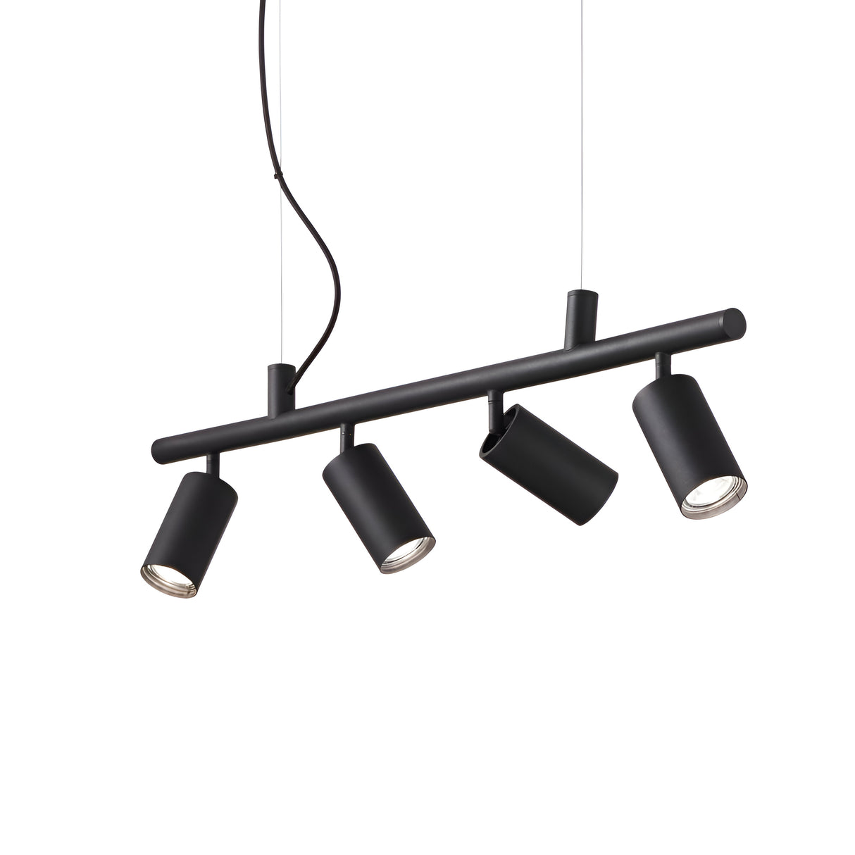 The Emberfield 4 Spotlight Suspension in black offers a modern lighting solution with its sleek black finish. Featuring four adjustable spotlights arranged on a horizontal bar and suspended by two wires alongside a power cable, it's perfect for contemporary interior spaces.