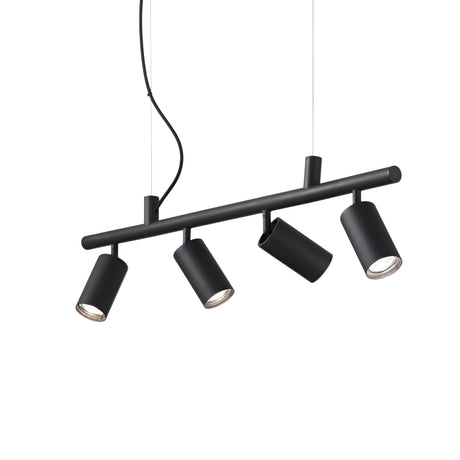 The Emberfield 4 Spotlight Suspension in black offers a modern lighting solution with its sleek black finish. Featuring four adjustable spotlights arranged on a horizontal bar and suspended by two wires alongside a power cable, it's perfect for contemporary interior spaces.