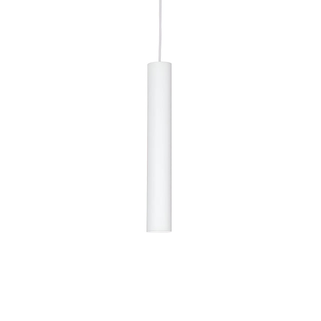 The Noctis 1 Light Track Pendant in white, measuring 6cm, is a minimalist cylindrical fixture that hangs from the ceiling. Its sleek and modern design makes it ideal for contemporary lighting systems. A simple cord suspends it against a plain white background, highlighting its elegance in modern interiors.
