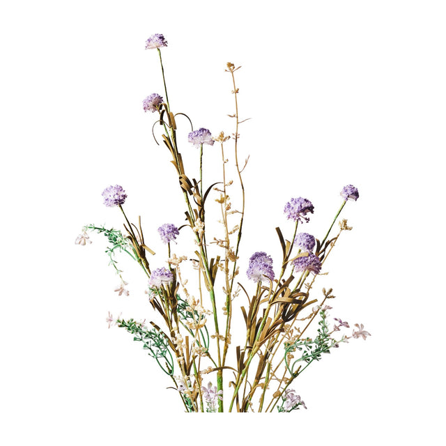 Libra Interiors Textured Wildflower faux artificial flowers with purple pom-pom blooms, feathery seed heads and fine green foliage on slender stems.