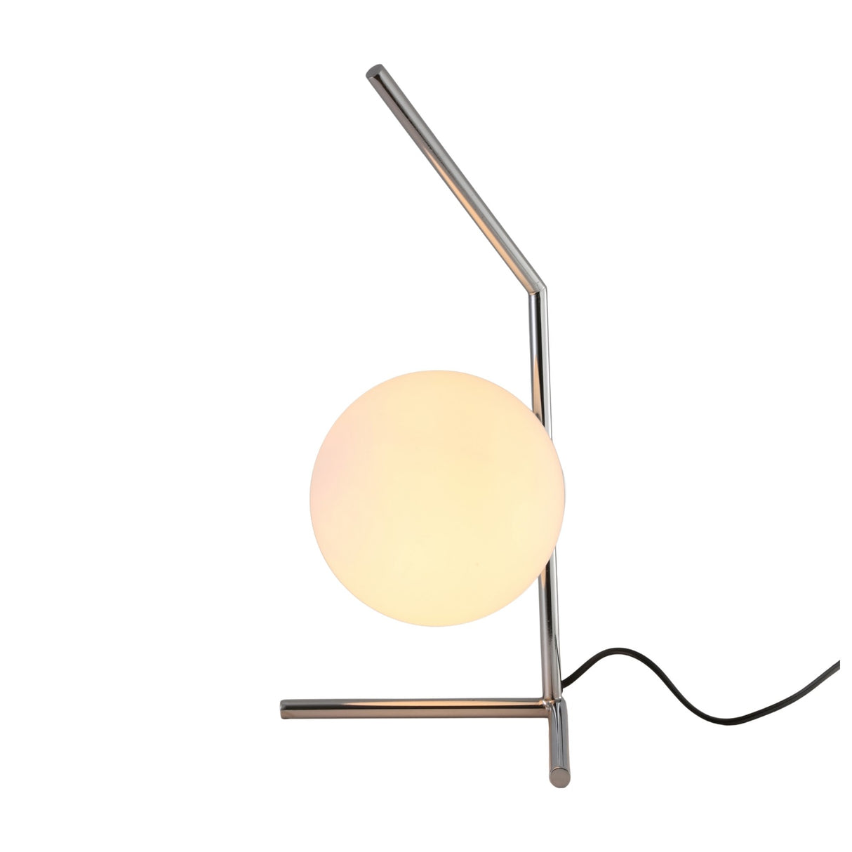 The Vetra 1 Light Opal Glass Table Lamp in Grey features an opal glass sphere on a sleek, angled chrome frame with a visible black power cord—ideal for enhancing modern interiors.