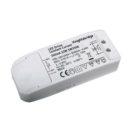 A white rectangular 12W 350mA Constant Current LED Driver (34V) features text and symbols indicating its specifications. It is IP20-rated, branded by Knightsbridge, and displays several certification logos. This device is designed for use with a 230V power supply.