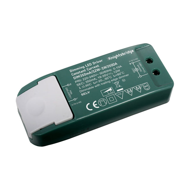 The 12W 350mA Constant Current LED Driver 35V Dimmable from Knightsbridge is a dimmable green device featuring white text and symbols that display the model and electrical specifications. It is designed to be compatible with trailing-edge dimmers, comes with a constant current driver housed in a plastic casing, and includes a white end cap along with mounting holes for easy installation.