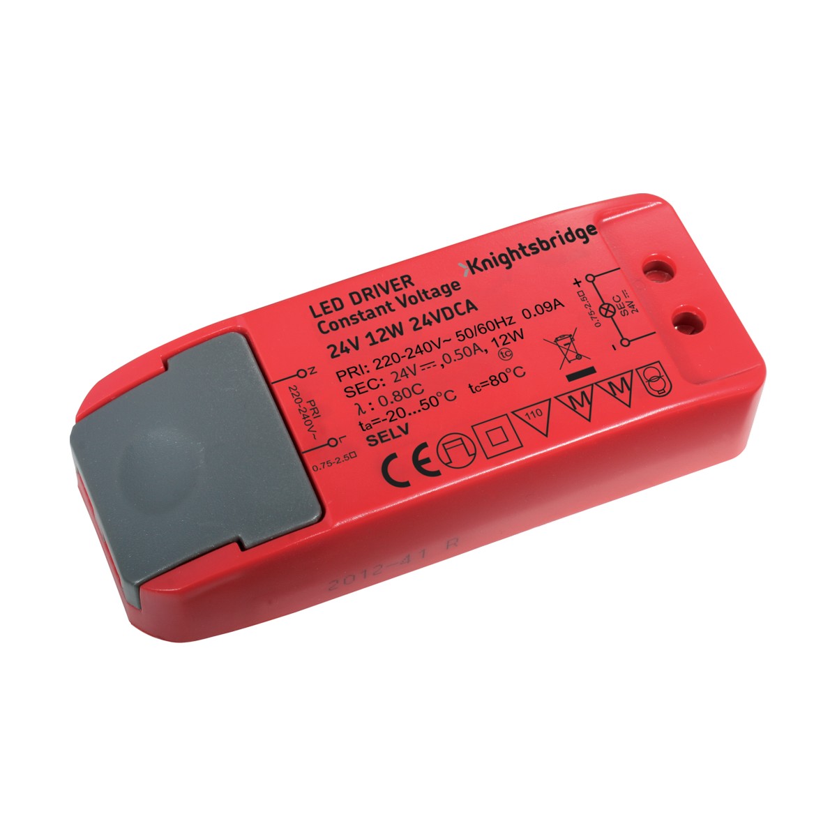 The 12W Constant Voltage LED Driver 24V by Knightsbridge comes in red and provides a consistent 24V output with a power of 12W. It features IP20 certification and has several connection points on one side.