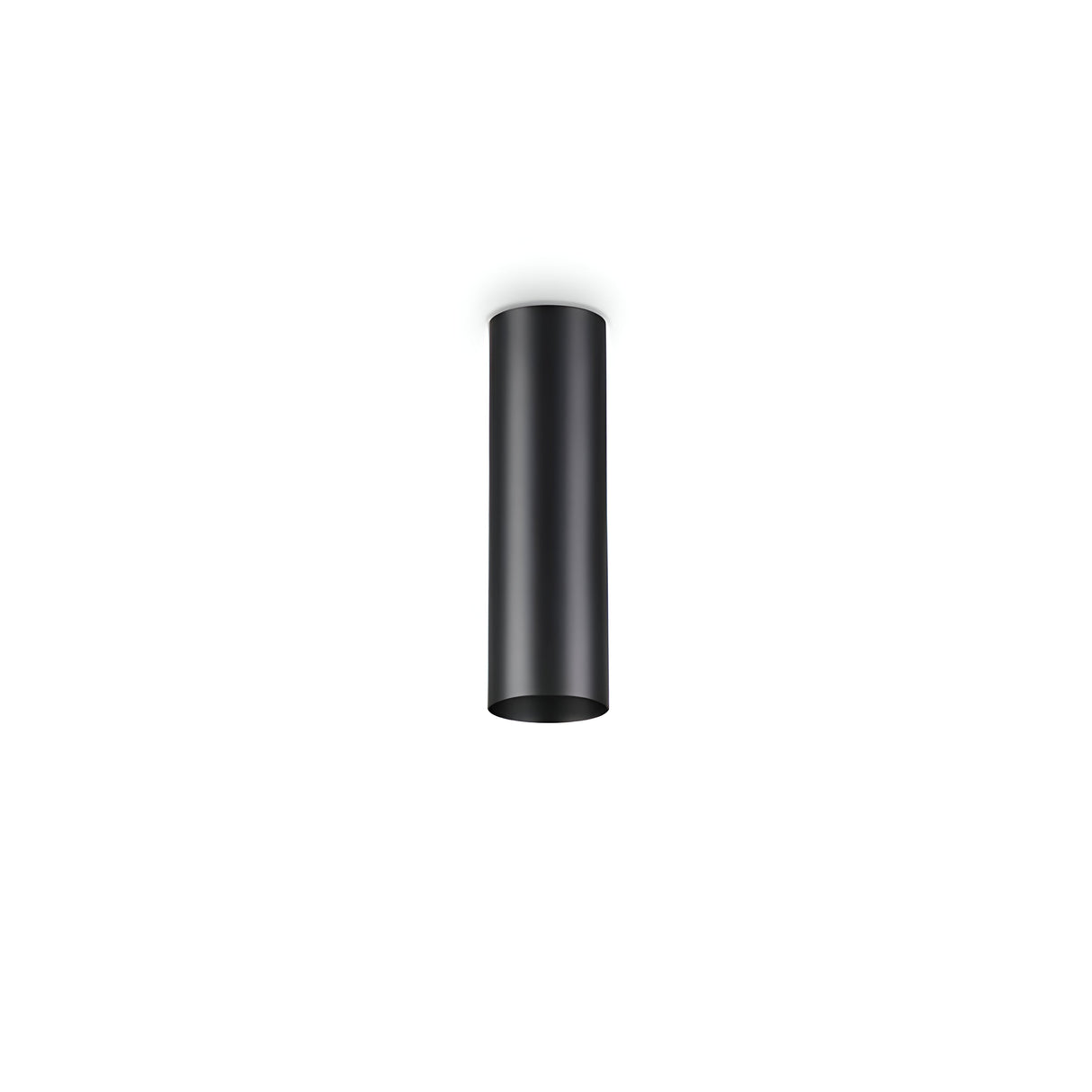 The Noctis Ceiling Light - Black, 20cm is a sleek, cylindrical fixture featuring a minimalist design with elegant satin brass accents, seamlessly mounted on a white ceiling.