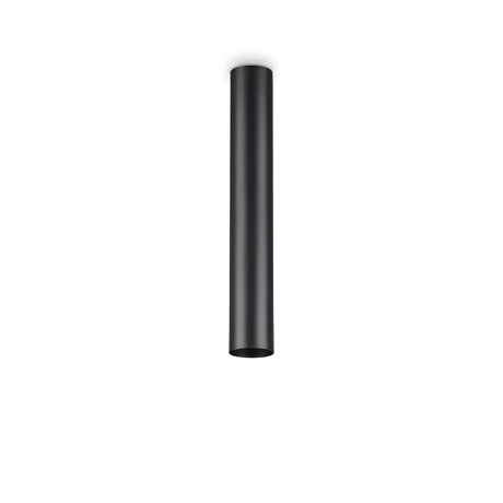 The Noctis Ceiling Light - Black, 40cm, crafted from black powder-coated metal, showcases a sleek cylindrical design. Mounted on a white ceiling, its minimalist style stands out against the bright backdrop, emphasizing its modern aesthetic.