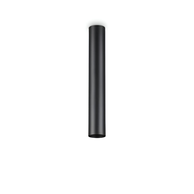 The Noctis Ceiling Light - Black, 40cm, crafted from black powder-coated metal, showcases a sleek cylindrical design. Mounted on a white ceiling, its minimalist style stands out against the bright backdrop, emphasizing its modern aesthetic.