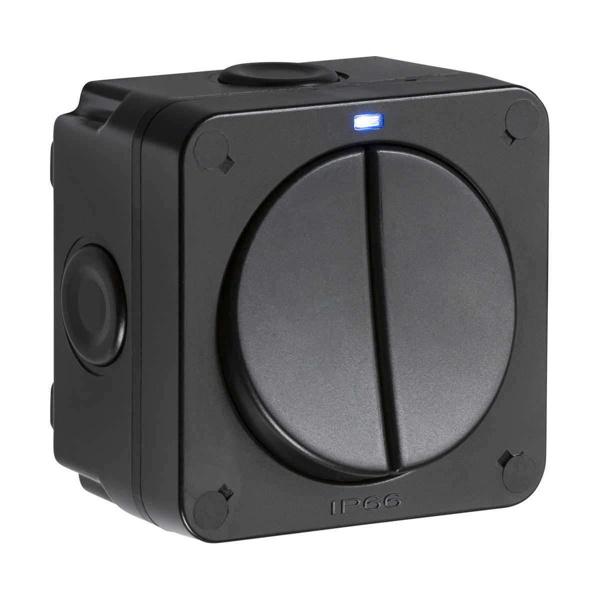 The IP66 20AX 2 Gang SP 2-Way Switch in black is built from durable polycarbonate. It includes a large, round central button divided into two segments, accompanied by a small blue LED indicator light above. Its sleek black square design guarantees both style and weatherproof capabilities for versatile use.