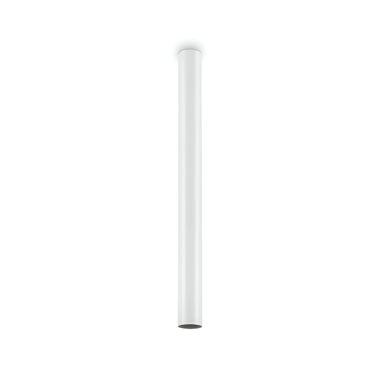 A sleek, cylindrical object with a glossy finish is suspended vertically against a plain background. Crafted as the Noctis Ceiling Light - White, 75cm, it features turned aluminium and tapers slightly, with one end more prominent and enhanced by its powder-coated diffuser.