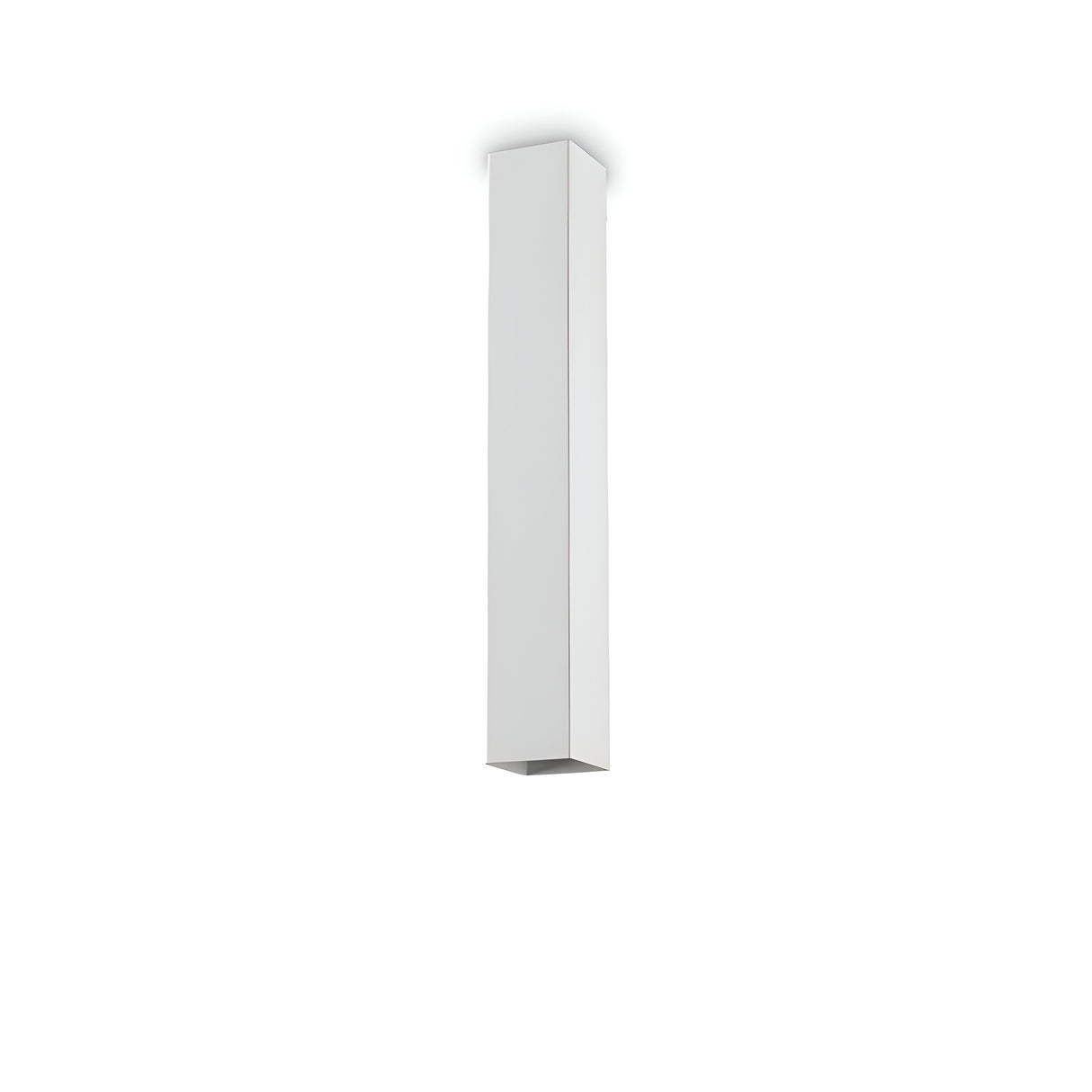 The Emberlux Ceiling Light - White, 40cm, a long and rectangular pendant fixture, hangs vertically against a plain white backdrop, showcasing its minimalist design.